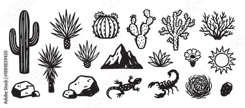 Various hand drawn desert elements including cactus, scorpion, lizard, mountain, and sun in a rustic black and white linocut style for nature or western concepts