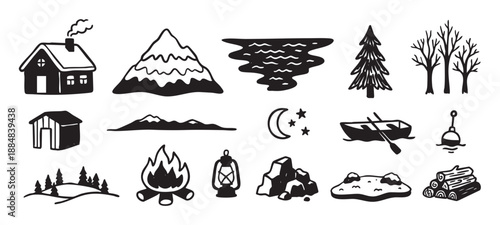 Set of hand-drawn black camping icons featuring a cabin, mountain, campfire, and canoe in a rustic doodle style for outdoor adventure and wilderness travel themes