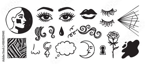 Collection of hand-drawn black ink doodles featuring surreal and mystical elements like eyes, a moon, a rose, and a woman's profile in a graphic, sketchy art style