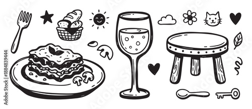 Collection of black and white hand-drawn doodles featuring lasagna, wine, a stool, and cute elements like a cat and sun in a whimsical, sketchy ink illustration style