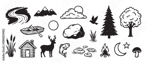 Hand-drawn black and white nature icons set featuring a forest, mountains, river, deer, cabin, and camping elements in a simple doodle sketch style for outdoor adventure themes