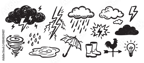 Set of hand-drawn weather doodle icons featuring a storm cloud, lightning, tornado, rain, umbrella, and boots in a sketchy black and white ink illustration style
