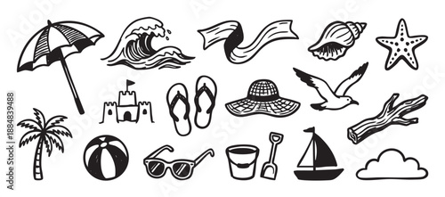 Hand-drawn collection of summer beach icons including a palm tree, sandcastle, umbrella, and sailboat in a simple black and white doodle sketch illustration style