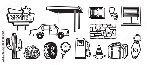 Collection of black and white doodle icons for a retro roadside motel theme, featuring a classic car, neon sign, cactus, gas pump, and other travel-related objects