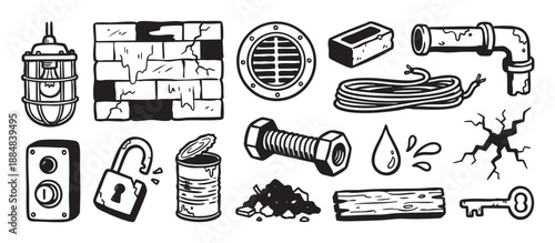 Collection of black and white industrial doodle icons featuring a lamp, brick wall, sewer grate, padlock, and key, rendered in a simple graphic cartoon illustration style