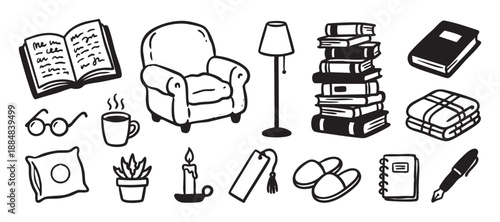 Collection of black and white doodle icons for a cozy reading theme, including a comfy armchair, stack of books, floor lamp, hot drink, blanket, slippers, and a candle