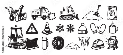 Hand-drawn collection of snow removal icons featuring a plow truck, bulldozer, snow blower, and winter work equipment in a simple black and white line art illustration style