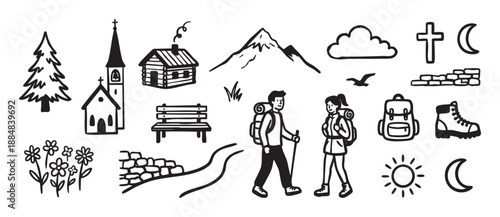 Hand-drawn black and white hiking icons set featuring a trekking couple, mountain, log cabin, church, backpack, and other nature and travel elements in a simple doodle style