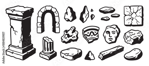 Collection of ancient ruin vector icons showing a broken column, stone arch, cracked rocks, and archaeological artifacts in a bold, black and white hand-drawn graphic style