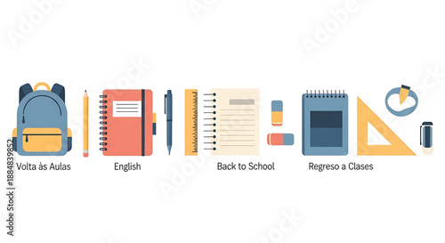 Back to school colorful school supplies icons including backpack, books, and stationery