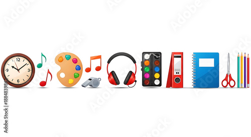 Back to school colorful icons of school supplies and objects on for educational or creative concepts
