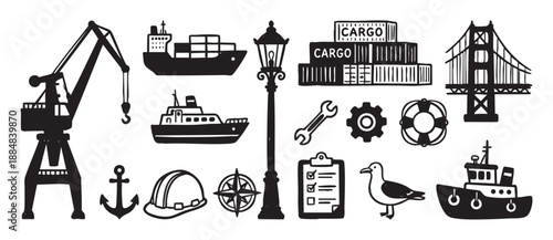 Set of hand-drawn harbor and shipping icons featuring a port crane, container ship, tugboat, bridge, and various maritime symbols in a bold black linocut style