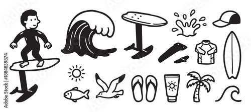 Collection of black and white beach life icons with a hydrofoil surfer, surfboard, ocean wave, sun, and other summer vacation elements in a simple cartoon illustration