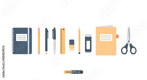 Back to school a collection of school supplies including a notebook, pens, pencils, ruler, eraser, pencil sharpener, folder, and scissors