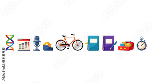 Back to school colorful icons of various objects on a including dna, calendar, microphone, bicycle, book, clock, and more