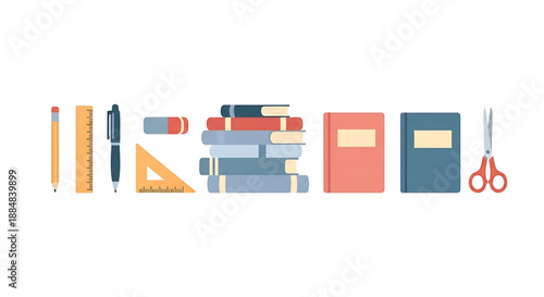 Back to school a colorful illustration of various school supplies on a including a pencil, ruler, scissors, books, and more