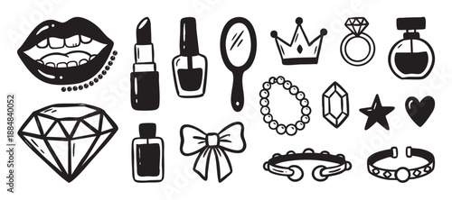 Set of hand-drawn black doodle icons featuring beauty and fashion accessories like lipstick, a diamond, a crown, and perfume in a simple sketch vector illustration style