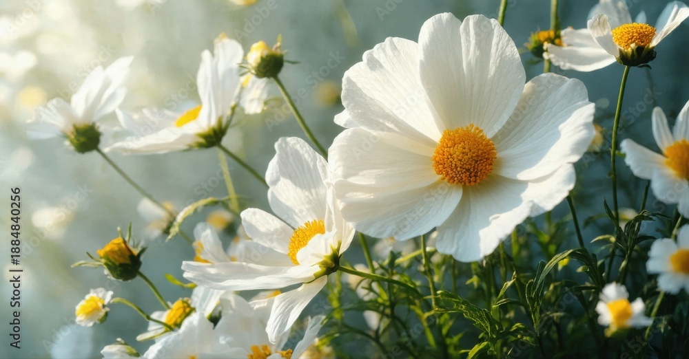 Fototapeta premium White cosmos flowers bloom. Soft light creates gentle, blurred background. Delicate petals, vibrant yellow centers present beauty.