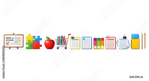 Back to school colorful educational icons and objects for school and learning