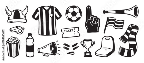 Collection of black and white hand-drawn soccer fan doodles including a jersey, ball, scarf, and trophy in a simple graphic illustration style for a sporting event