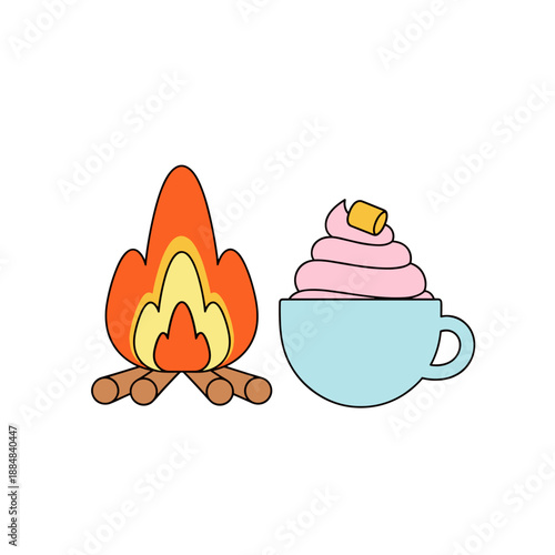 Campfire with steaming cup of hot chocolate and marshmallows  