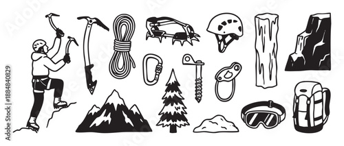 Set of mountaineering and ice climbing equipment icons in a hand-drawn doodle style, featuring a climber, ice axe, rope, crampons, helmet, carabiner, and backpack