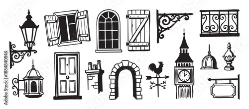 Set of hand-drawn vintage architectural elements featuring a clock tower, street lamps, windows, a door, an arch, and a weather vane in a black graphic silhouette style