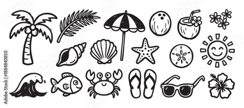 Hand-drawn summer beach vacation doodle icons set featuring a palm tree, sun, crab, coconut, and sunglasses in a simple black and white line art style