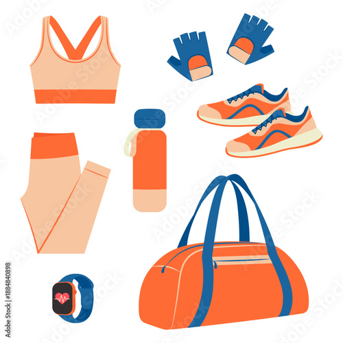 Essential elements of activewear and equipment for gym and home workout. Sport bra and leggings, fingerless gloves, reusable water bottle, sneakers, fitness tracker and sports duffel with handle.