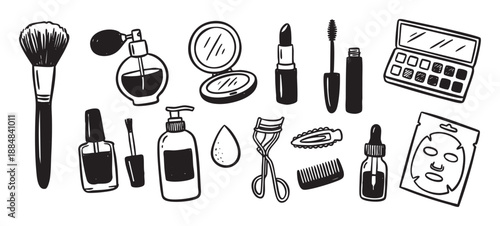 Hand drawn black and white cosmetic illustrations set featuring makeup and skincare products like lipstick, mascara, perfume, and eyeshadow in a simple doodle graphic style