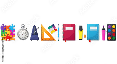 Back to school colorful school supplies and stationery items arranged horizontally