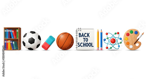 Back to school back to school icons including book soccer ball basketball notebook pencils paint palette