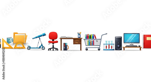 Back to school a colorful illustration of various office and home items in a horizontal line