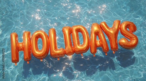 Colorful balloons spell out holidays in bright orange. The vibrant letters float above a sparkling blue pool. Celebrate summer joy and relaxation with this fun image. Perfect for vacation themes. AI.