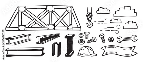 Hand-drawn black and white set of construction icons including a bridge truss, steel beams, nuts, bolts, a hard hat, and a crane hook in a simple doodle illustration style