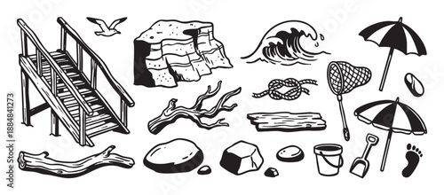 Set of hand-drawn black and white beach themed illustrations featuring a wooden staircase, ocean wave, umbrella, driftwood, stones, rope knot, and a flying seagull