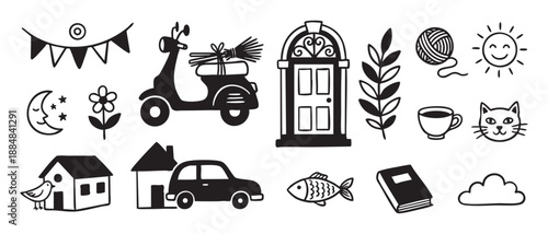 Collection of black hand-drawn doodle icons depicting everyday life objects like a house, car, scooter, cat, and sun in a simple, charming, and whimsical linocut style