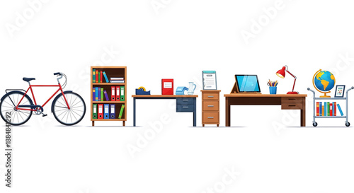 Back to school a colorful illustration of various office furniture and a bicycle arranged in a row on a with a globe and books