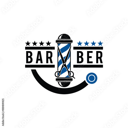 Classic barber shop logo vector illustration with iconic pole, sharp scissors, and stars.