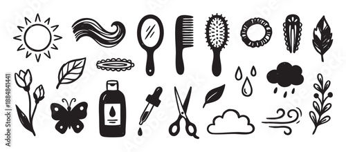 Set of hand-drawn black doodle icons for hair care, beauty, and nature themes including a comb, brush, mirror, sun, and leaves in a simple, sketchy illustration style