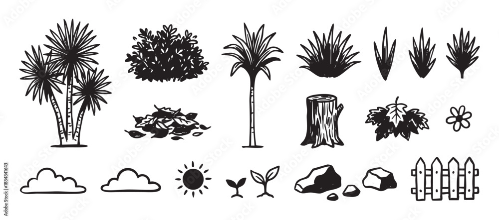 Fototapeta premium Collection of hand-drawn black nature doodles featuring palm trees, a bush, a stump, clouds, and a sun, illustrated in a simple, sketchy, and graphic icon style