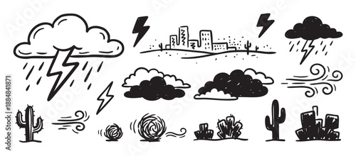 Set of hand-drawn weather and desert icons in a black and white doodle style, featuring storm clouds, lightning bolts, wind gusts, tumbleweeds, and various cacti illustrations