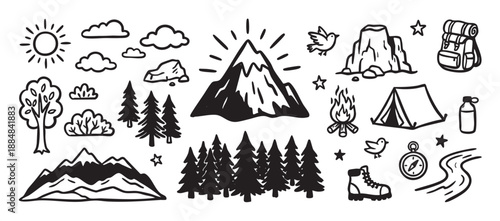 Set of hand-drawn camping and hiking icons including a mountain, forest, tent, and backpack, rendered in a simple black and white doodle style for outdoor adventure themes