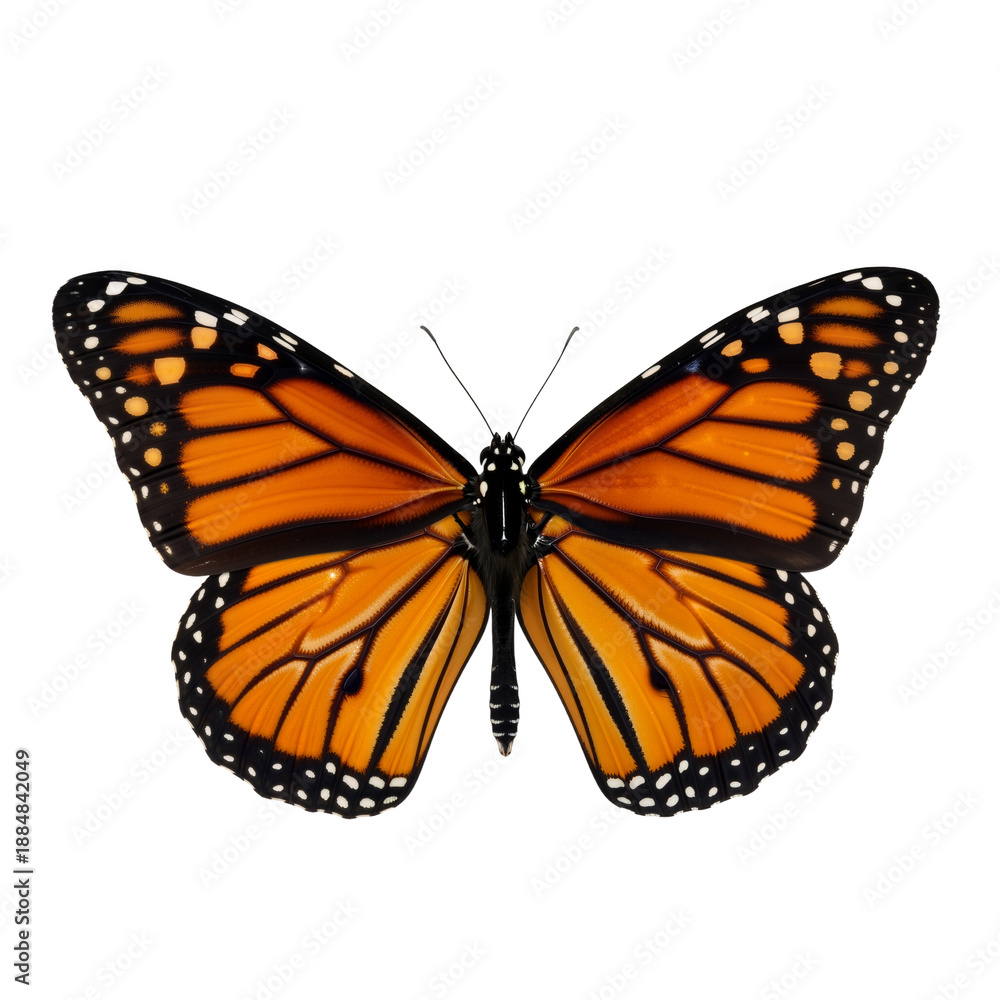 Fototapeta premium Wings of Wonder: A Monarch Butterfly Unfurls in Vivid, Floating Majesty
