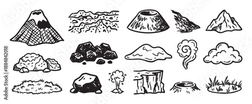 Set of hand-drawn volcano and mountain icons showing various geological elements like rocks, craters, smoke, and cliffs in a simple black and white doodle sketch illustration style