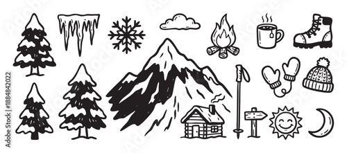 Collection of hand-drawn winter mountain icons featuring a snowy fir tree, cabin, campfire, hiking boot, and snowflake in a simple black and white doodle sketch illustration style