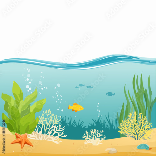 Sea underwater background. Ocean bottom with seaweeds. Vector marine scene