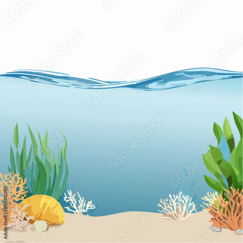 Sea underwater background. Ocean bottom with seaweeds. Vector marine scene