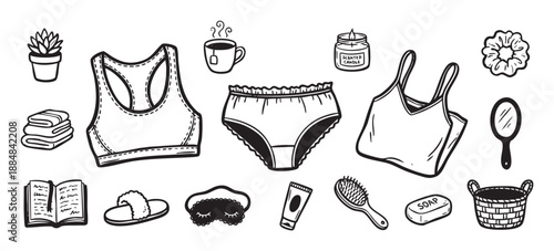 Hand-drawn doodle illustration set of cozy home essentials for self-care and relaxation, featuring lingerie, a sleep mask, candle, book, and beauty items in a simple sketch style