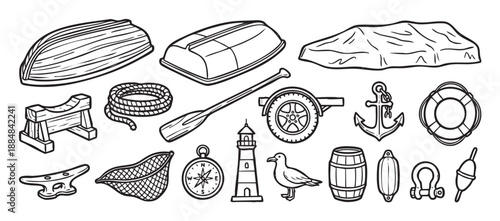 Set of hand-drawn nautical themed icons including a boat, anchor, lighthouse, and compass in a black and white line art style for maritime and sailing design elements